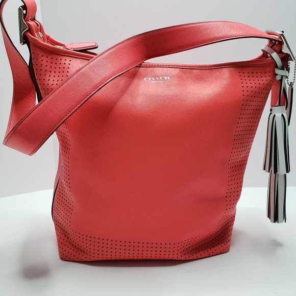 Coach Legacy Perforated Duffle Purse Coral Leather Tassel Detail Large Handbag - Picture 2 of 13